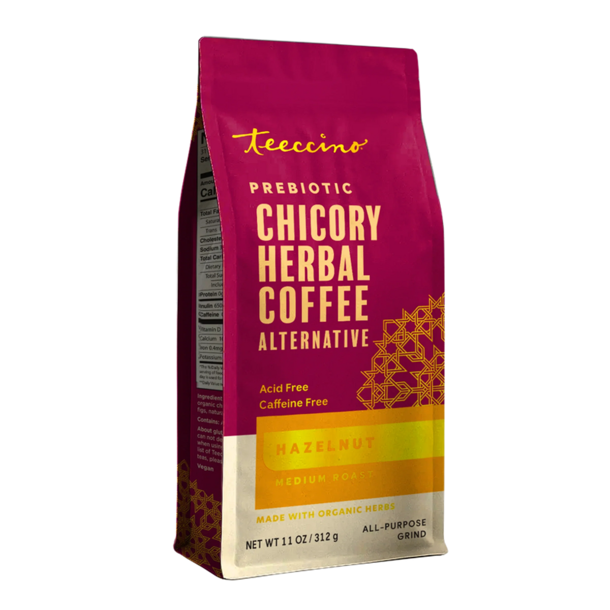 Hazelnut prebiotic chicory herbal coffee pouch, burgundy and tan, 11 oz