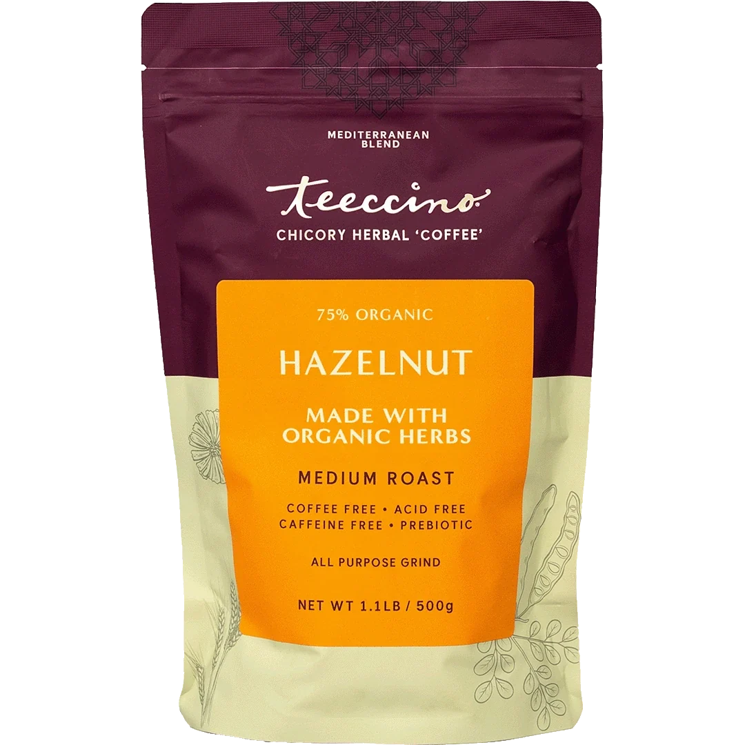 Hazelnut chicory herbal coffee pouch with yellow hazelnut flavor panel