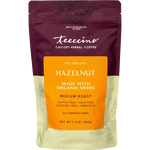 Hazelnut chicory herbal coffee pouch with yellow hazelnut flavor panel
