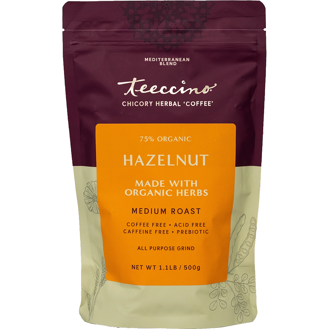 Hazelnut chicory herbal coffee pouch, burgundy and tan, medium roast, 1 lb