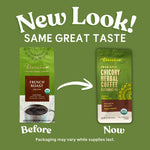 Teecino French Roast chicory herbal coffee pouch, before and now comparison graphic