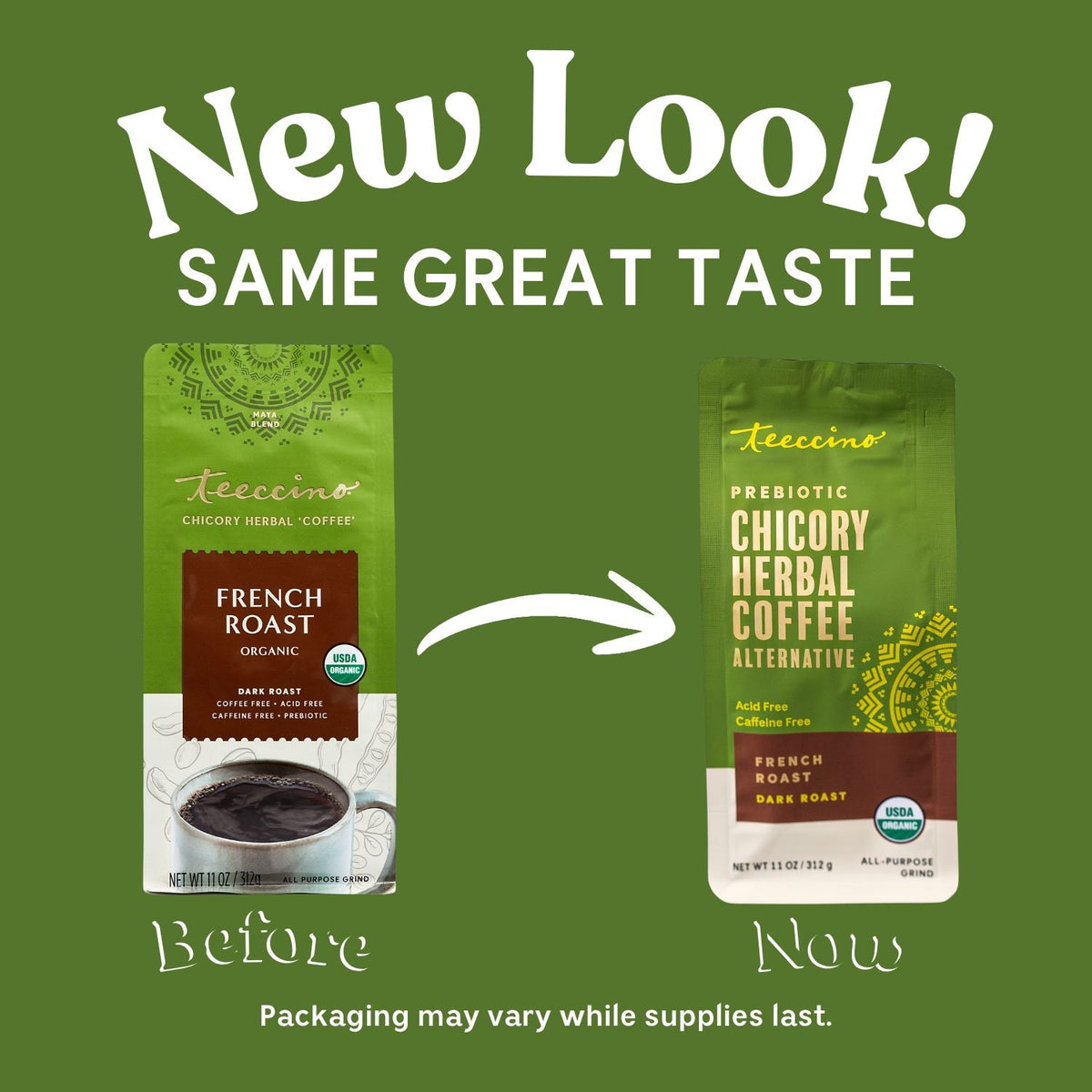 Teecino French roast chicory herbal coffee pouch and new look packaging graphic