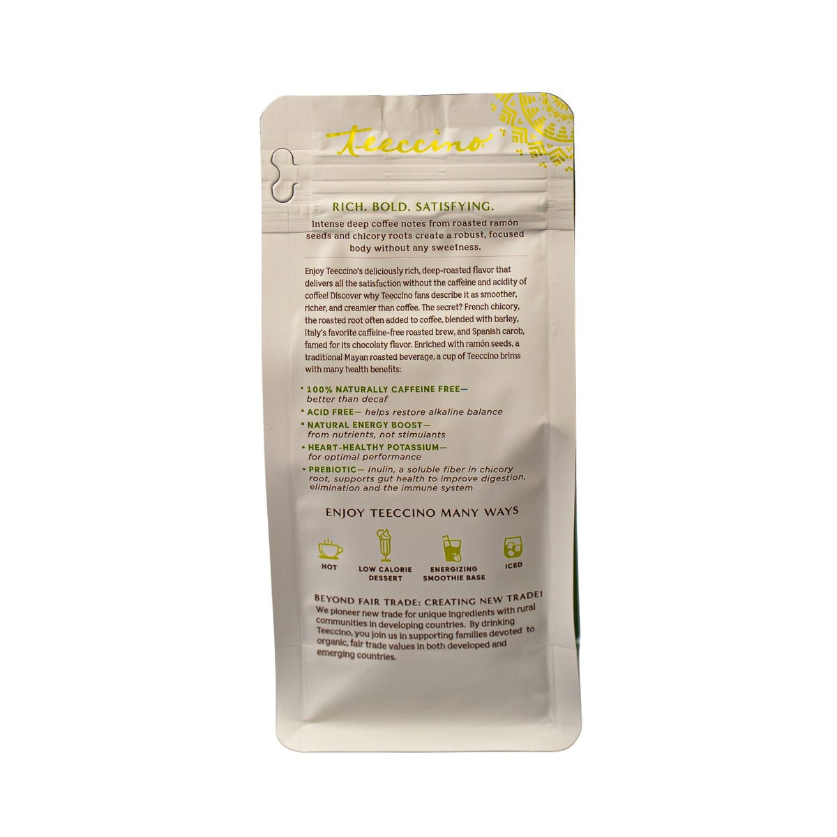 Teecino chicory herbal coffee pouch back panel with detailed product text