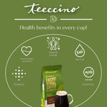 Teecino French roast chicory herbal coffee health benefits diagram with icons and pouch