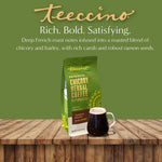 Teecino chicory herbal coffee pouch with French roast label and dark brewed cup