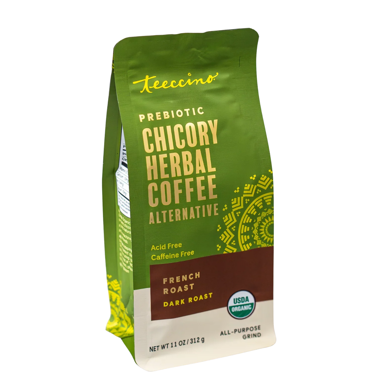Teecino chicory herbal coffee pouch, French roast dark roast label, caffeine-free