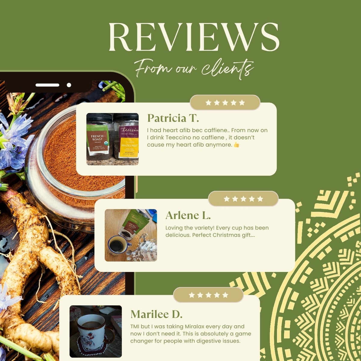 Teecino French roast chicory herbal coffee reviews graphic with pouch and customer quotes