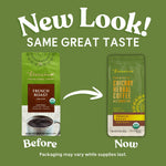 Teecino French Roast chicory herbal coffee pouches, before and now comparison graphic