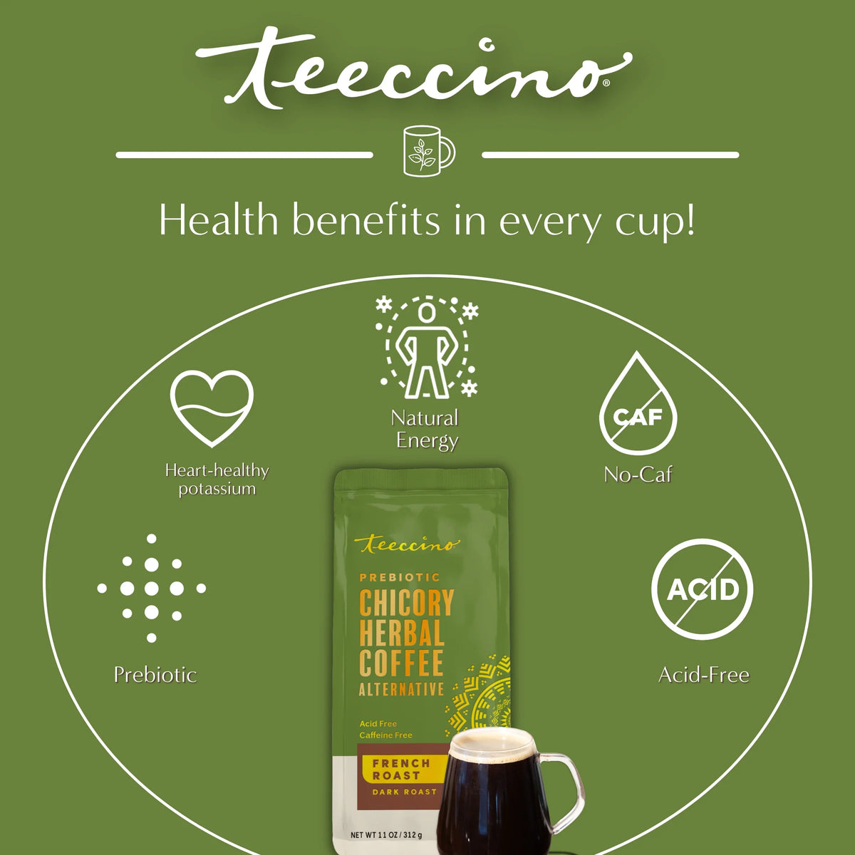 Teecino French Roast prebiotic chicory herbal coffee pouch in health benefits graphic