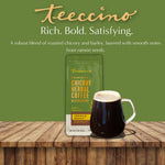 Teecino French Roast prebiotic chicory herbal coffee pouch with cup of dark drink