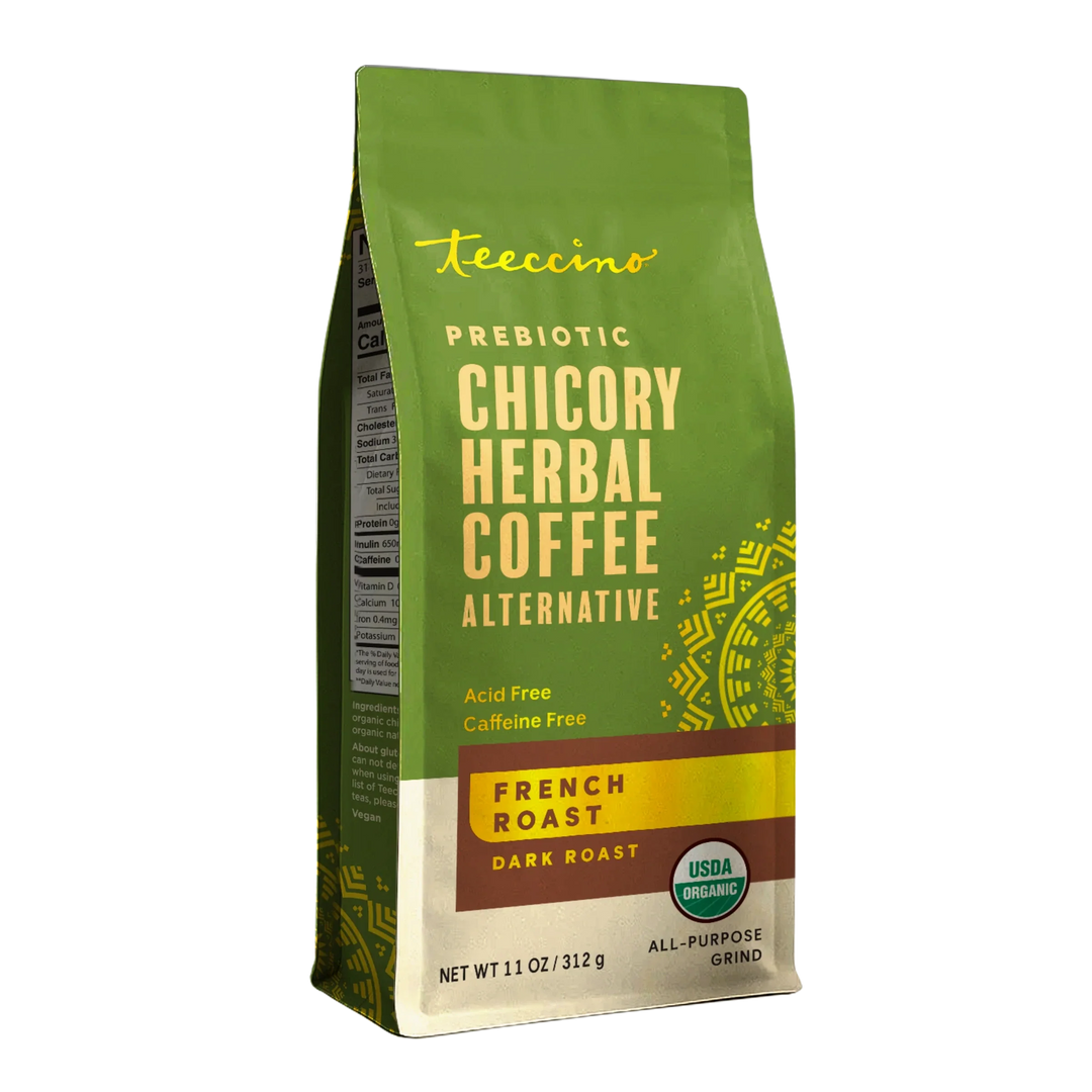 Teecino chicory herbal coffee pouch, French roast dark roast label, all-purpose grind