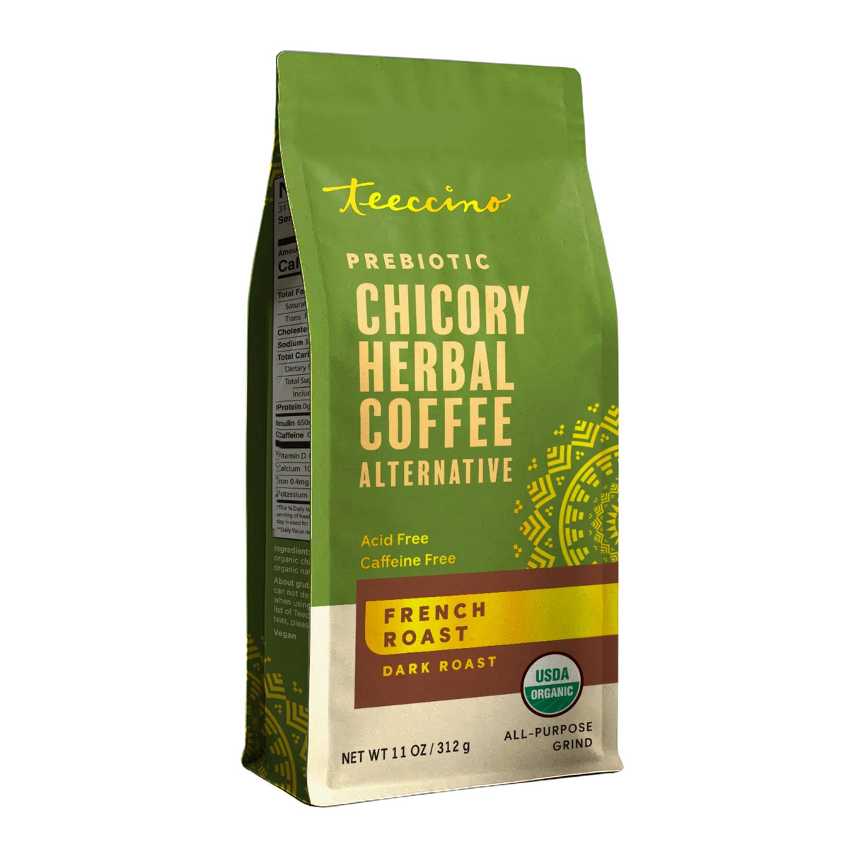 Teecino chicory herbal coffee pouch, French roast dark roast label, all-purpose grind