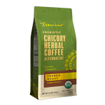 Teecino French Roast prebiotic chicory herbal coffee pouch, side view, all-purpose grind