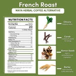 Teecino French Roast herbal coffee nutrition facts panel and ingredient icons