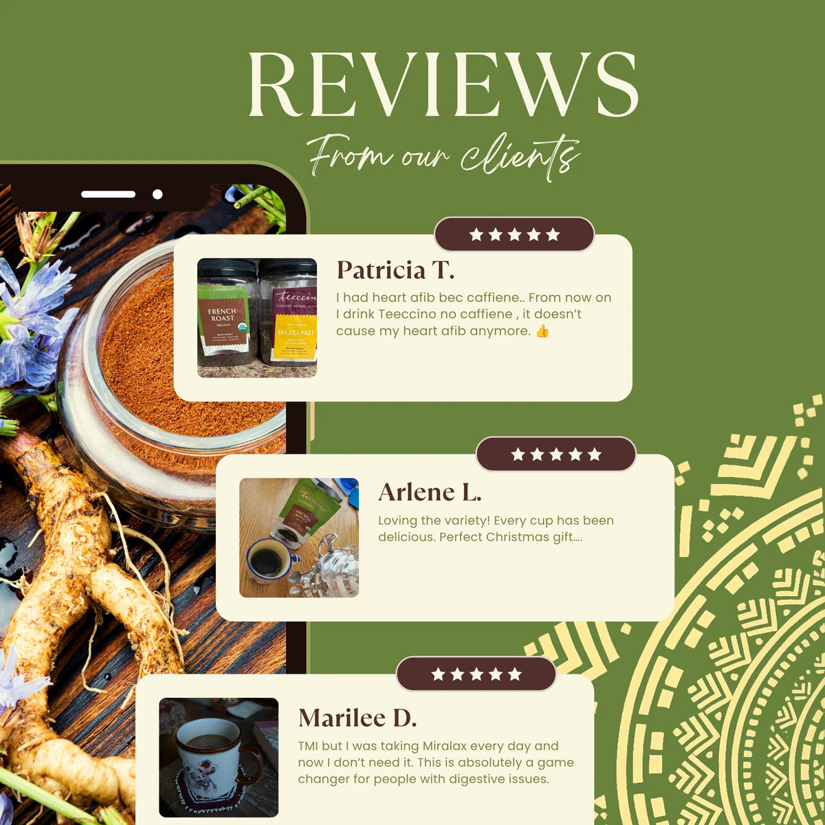 Teecino French roast chicory herbal coffee reviews graphic with pouch and star ratings