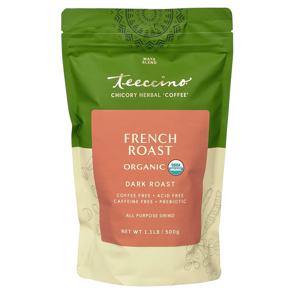 Teecino French Roast Organic prebiotic chicory herbal coffee stand-up pouch, 1.1 lb
