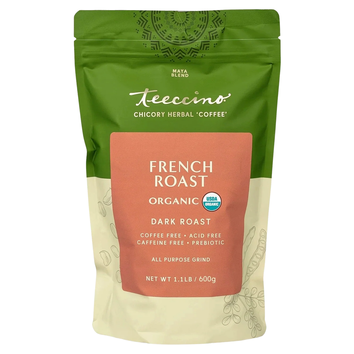 Teecino chicory herbal coffee pouch, French roast organic dark roast label, 1.1 lb