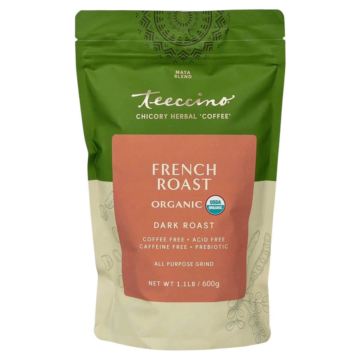 Teecino French Roast Organic prebiotic chicory herbal coffee stand-up bag, all-purpose grind