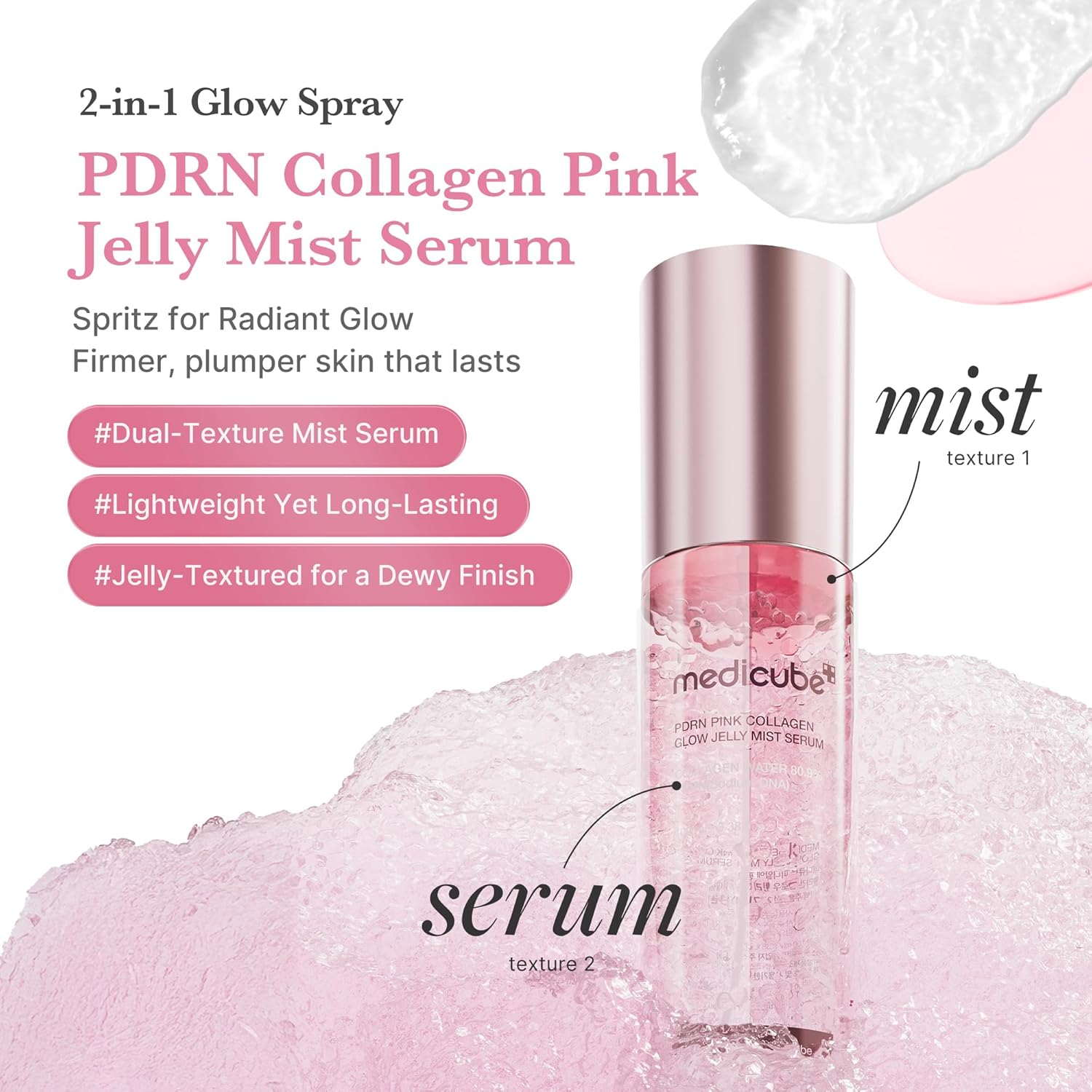 Medicube PDRN pink jelly mist serum bottle with pink dual-texture mist spray