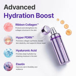 Advanced hydration serum bottle with Ribbon Collagen, Hyper PDRN, and elastin icons