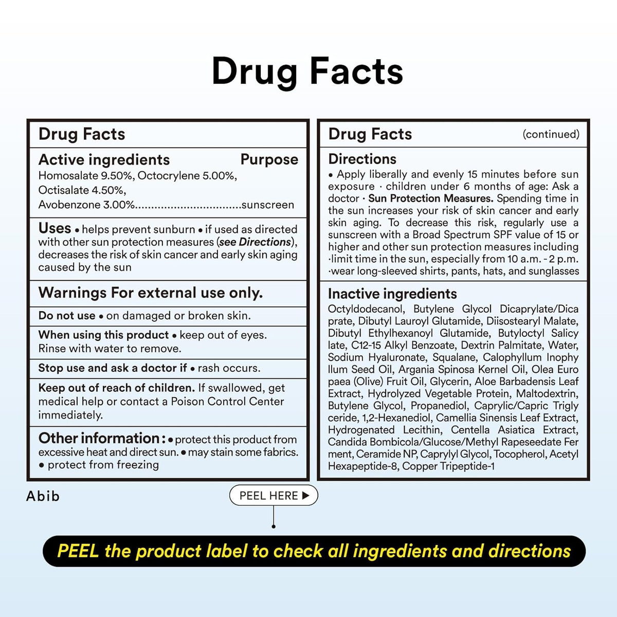 Drug Facts label for Abib Quick Sunstick protection bar SPF50+ with directions