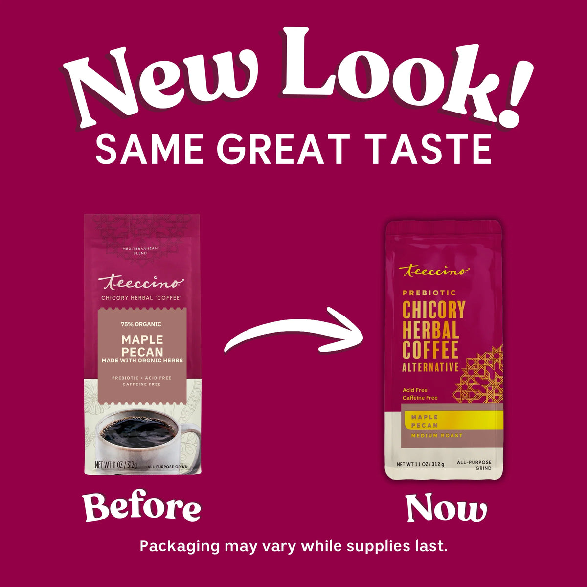 Teeccino packaging update graphic with Maple Pecan chicory herbal coffee bags