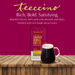Teeccino chicory herbal coffee bag with mug on wooden surface, rich bold flavor