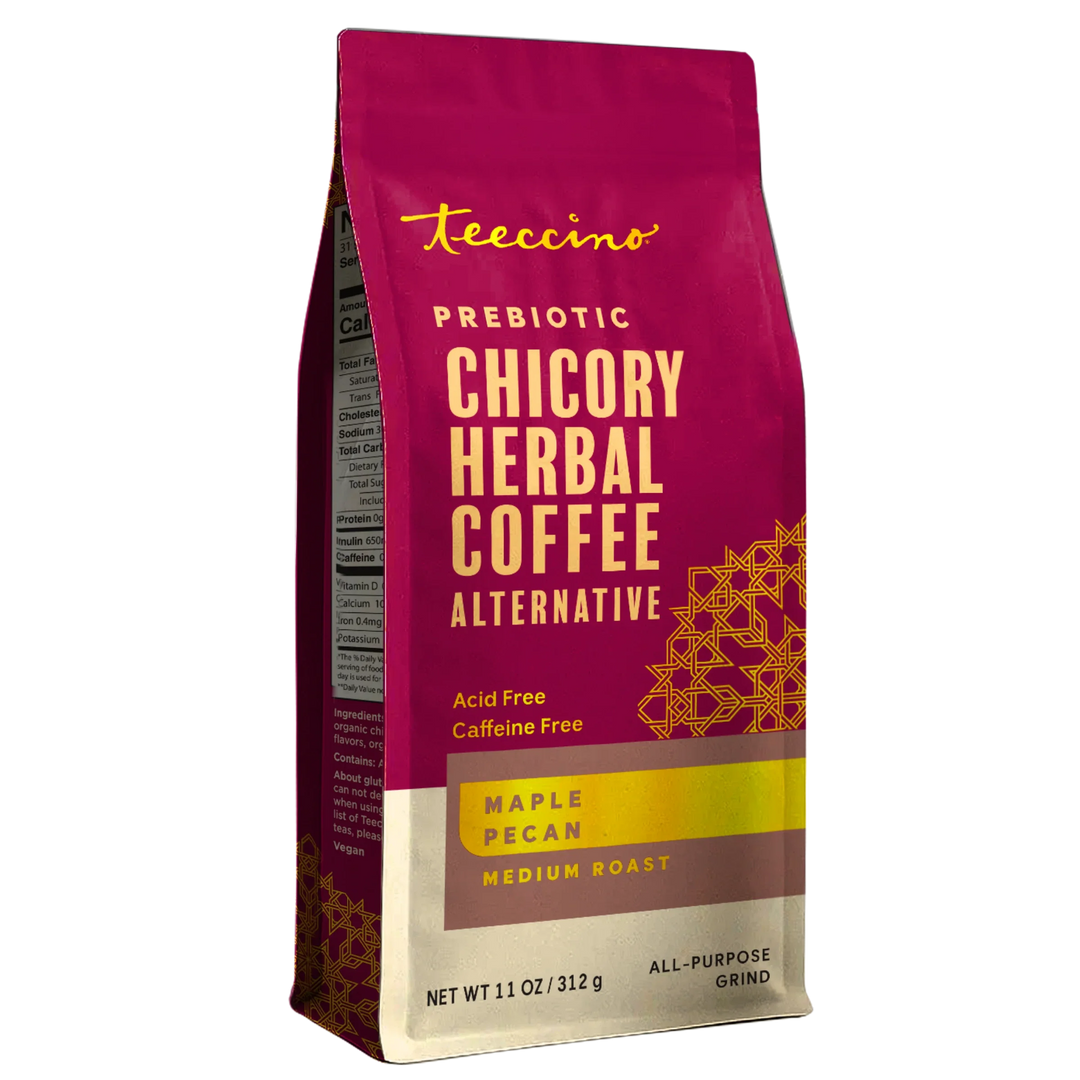 Teeccino prebiotic chicory herbal coffee bag, Maple Pecan, medium roast, all-purpose grind