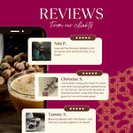 Teeccino chicory herbal coffee bag beside coffee cup and customer review cards