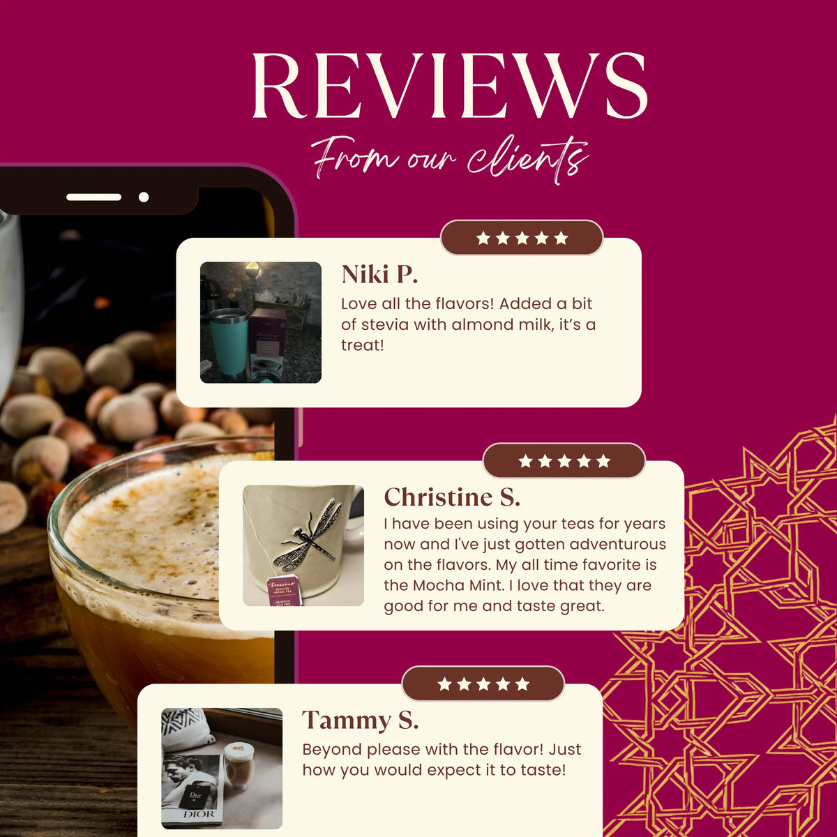 Teeccino chicory herbal coffee bag beside coffee cup and customer review cards