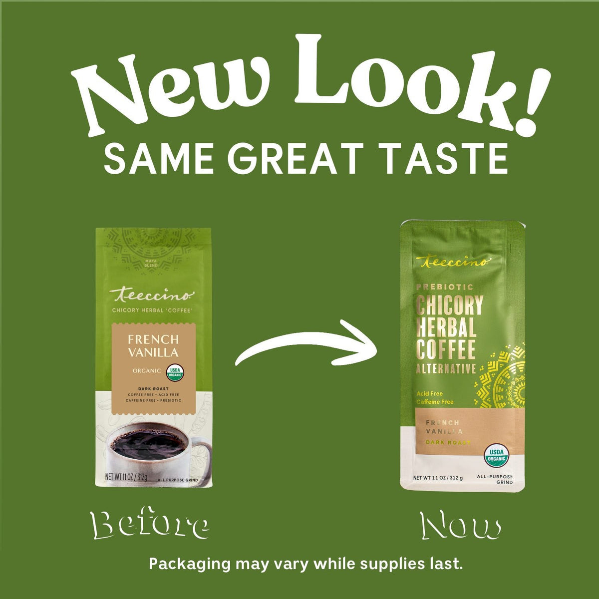 French vanilla herbal coffee packaging layout showing two bag versions