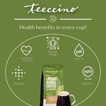 Herbal coffee benefits graphic with bag and cup, including acid-free and no-caf