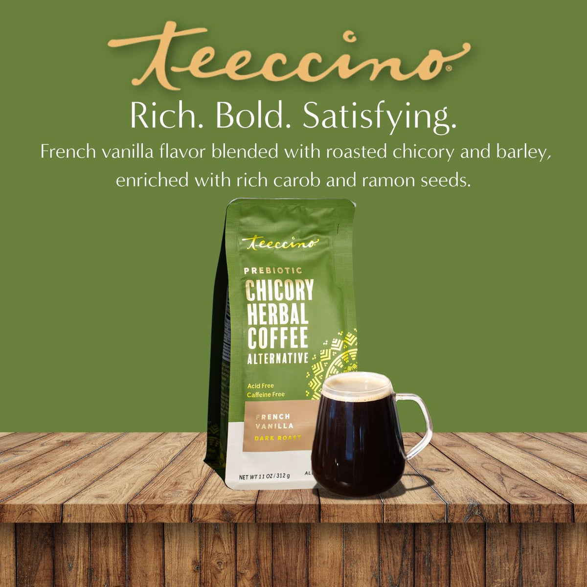 French vanilla chicory herbal coffee bag with a glass mug of dark brewed coffee