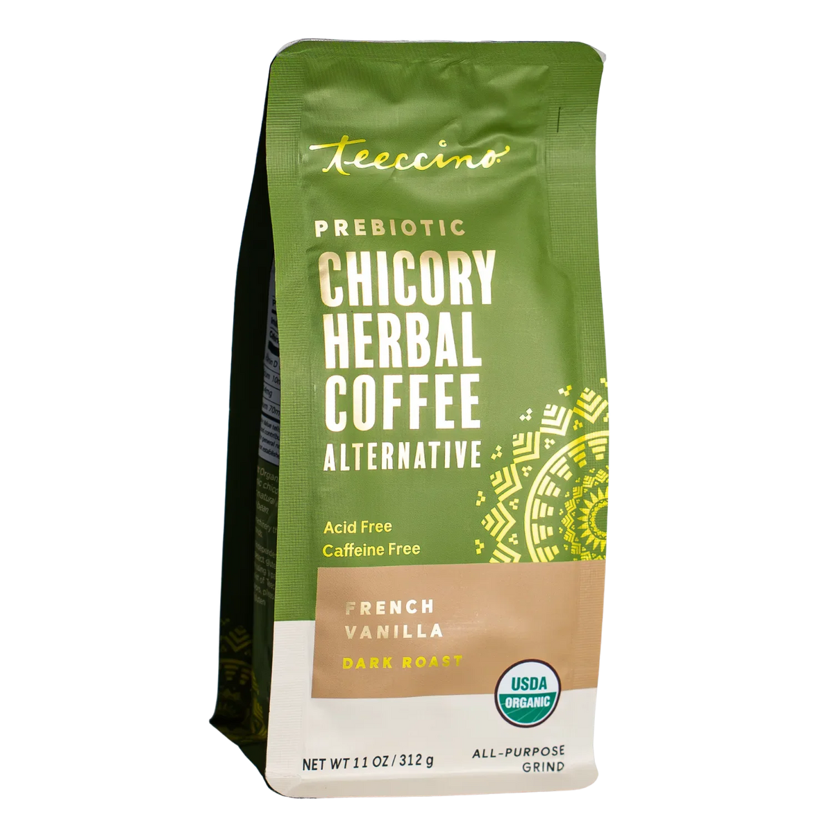 Prebiotic chicory herbal coffee bag in green, French vanilla dark roast, USDA Organic