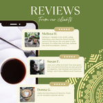 Herbal coffee bag with customer review cards and a dark cup of brewed coffee
