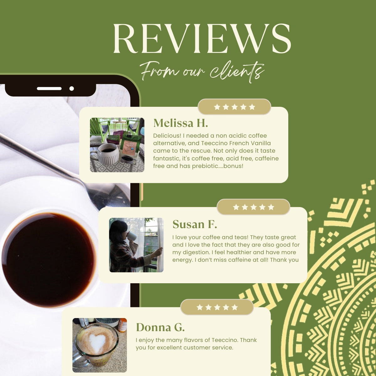 Herbal coffee bag with customer review cards and a dark cup of brewed coffee