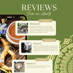 Herbal coffee bag with customer review cards beside brewed coffee and roasted accents