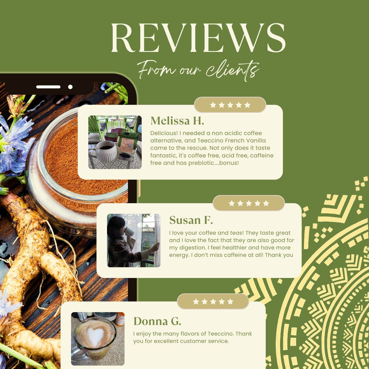 Herbal coffee bag with customer review cards beside brewed coffee and roasted accents