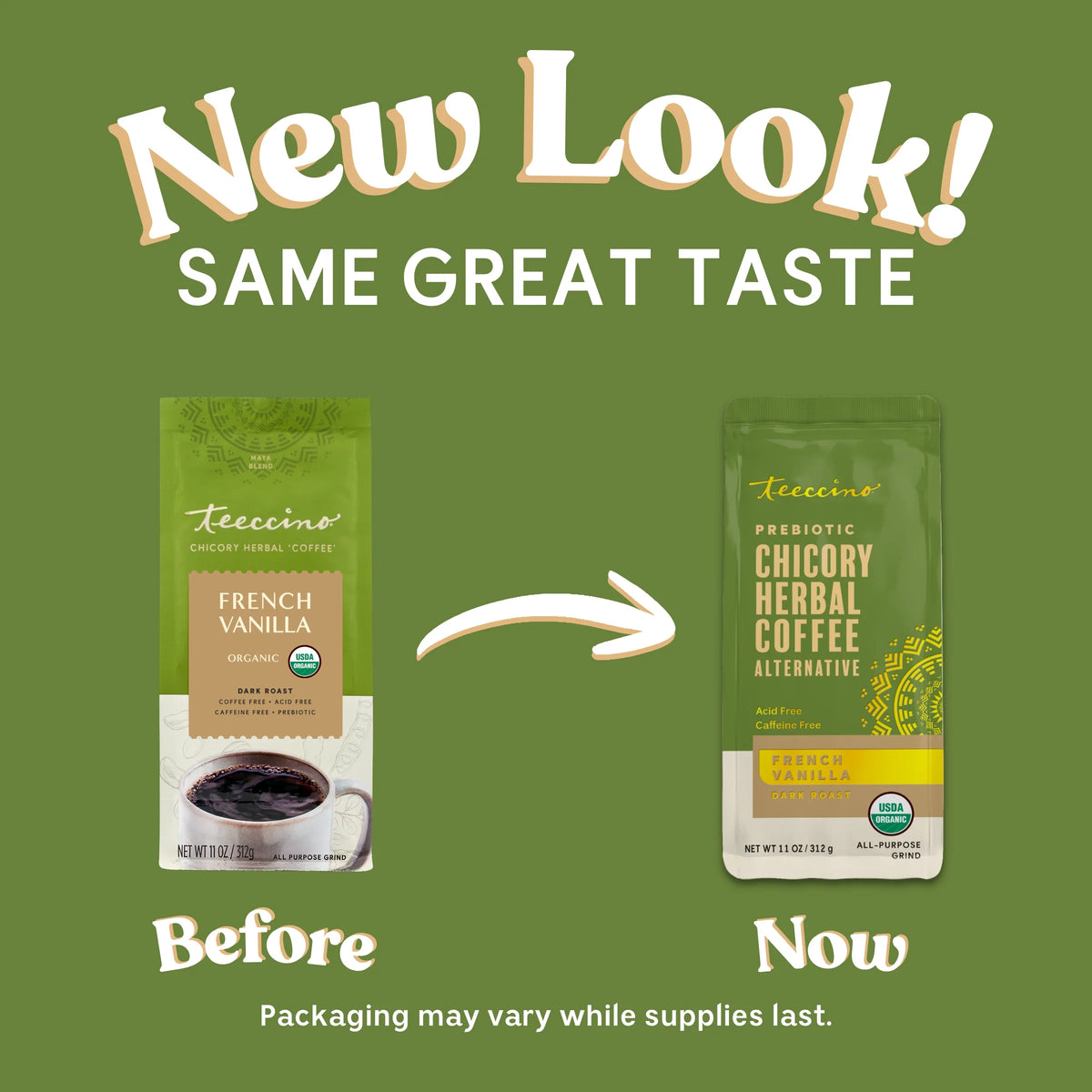 French vanilla chicory herbal coffee alternative two pouch packs with arrow from Before to Now