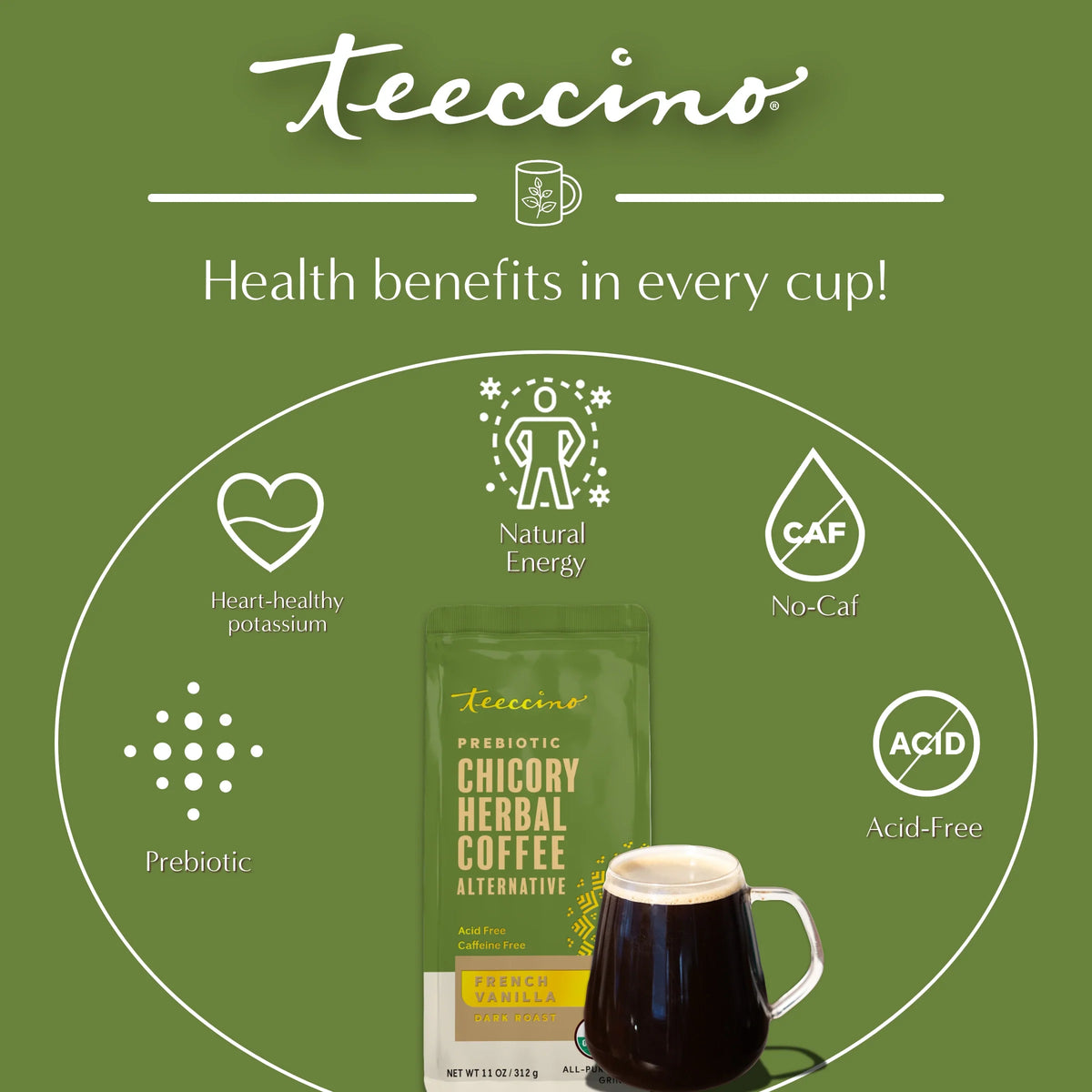 French vanilla chicory herbal coffee alternative pouch with cup of dark coffee and health icons