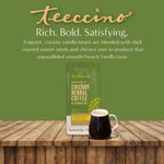 French vanilla chicory herbal coffee alternative pouch with mug of dark coffee