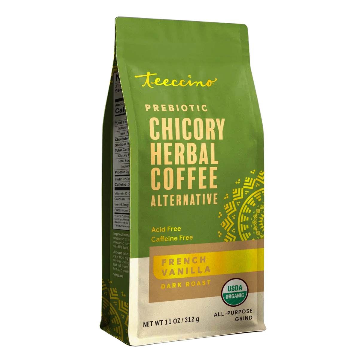 Prebiotic chicory herbal coffee bag, French vanilla dark roast, all-purpose grind