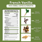 French vanilla herbal coffee alternative nutrition facts panel with ingredient icons: chicory, carob