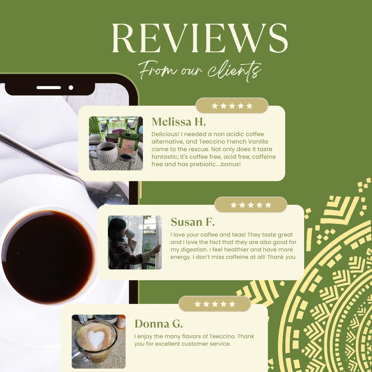 Herbal coffee bag with customer review cards and a dark cup of brewed coffee