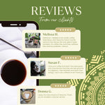 Herbal coffee bag with customer review cards and a dark cup of brewed coffee