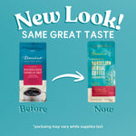 Dandelion vanilla nut herbal coffee packaging, before and now comparison on teal
