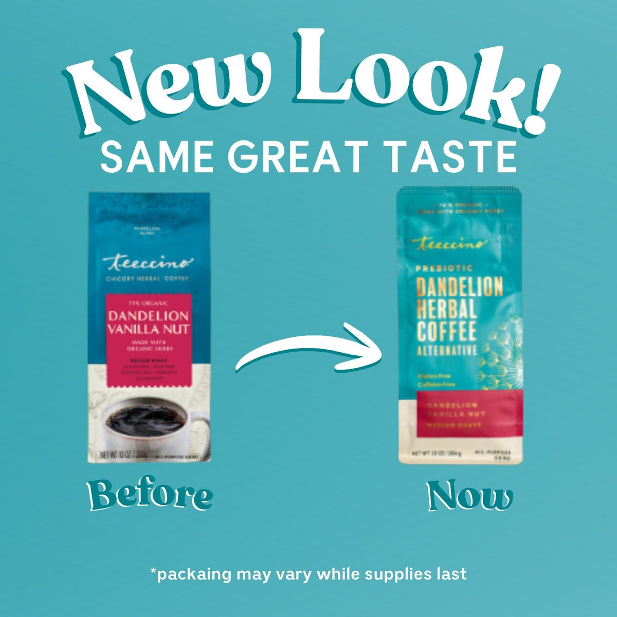 Dandelion vanilla nut herbal coffee packaging, before and now comparison on teal