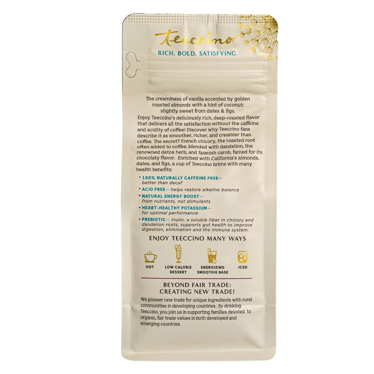 Dandelion vanilla nut herbal coffee bag back panel, cream pouch with ingredient text