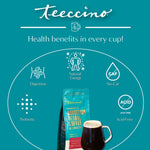 Dandelion vanilla nut herbal coffee health benefits graphic with cup and icon badges