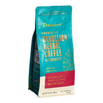 Dandelion vanilla nut herbal coffee bag, teal front and side with product labeling